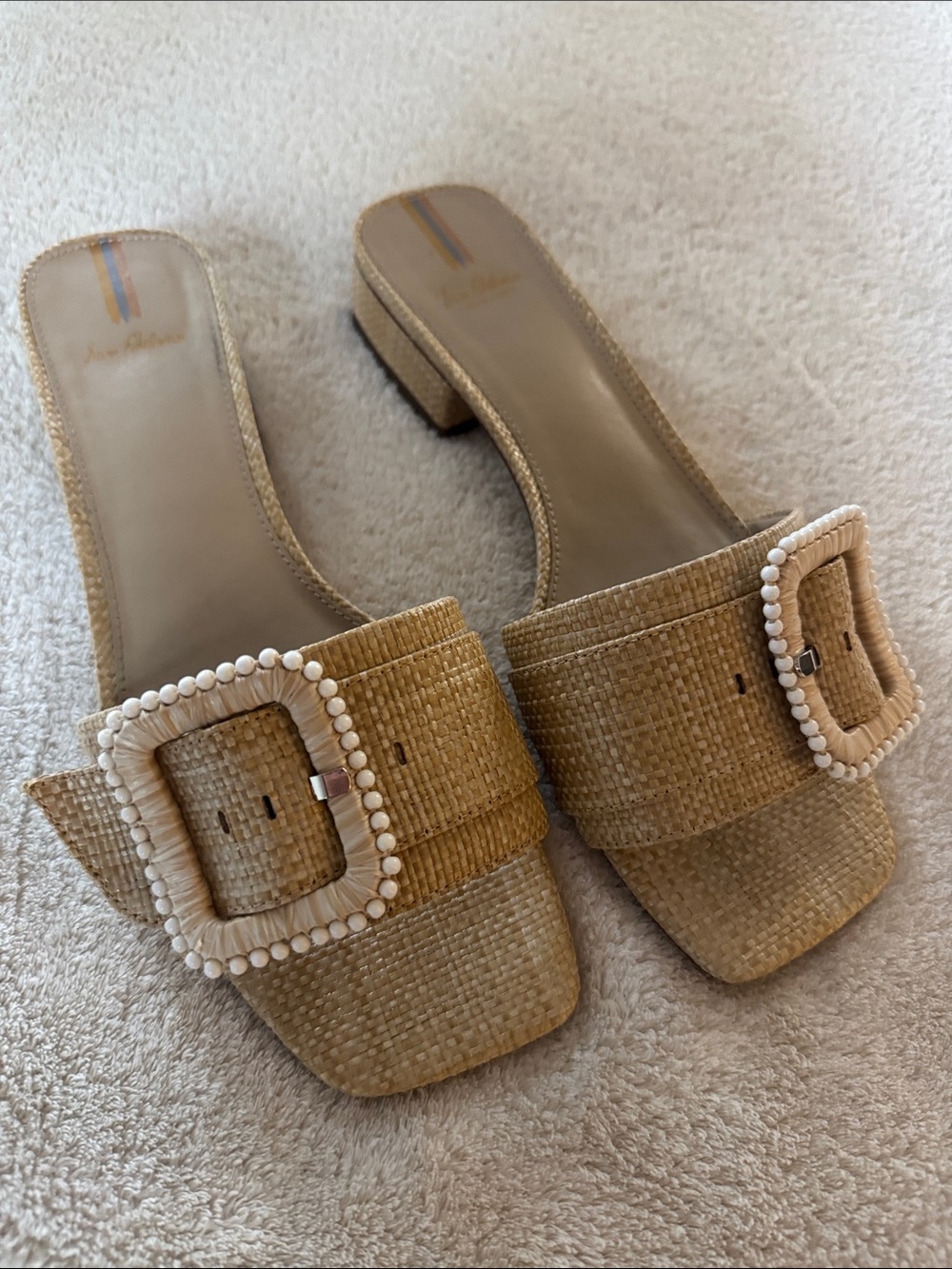 Sam Edelman Beige Straw Slide Mules with Beaded Buckle - Picture 1 of 6